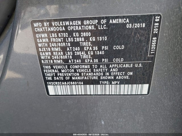 1V2CR2CA6JC563104 Volkswagen Atlas 3.6l V6 Se