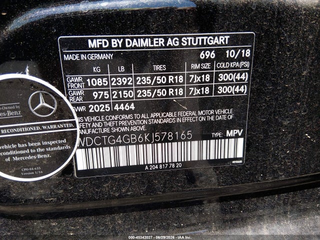 45342027 :رقم المزاد ، WDCTG4GB6KJ578165 vin ، 2019 Mercedes-benz Gla 250 4matic مزاد بيع