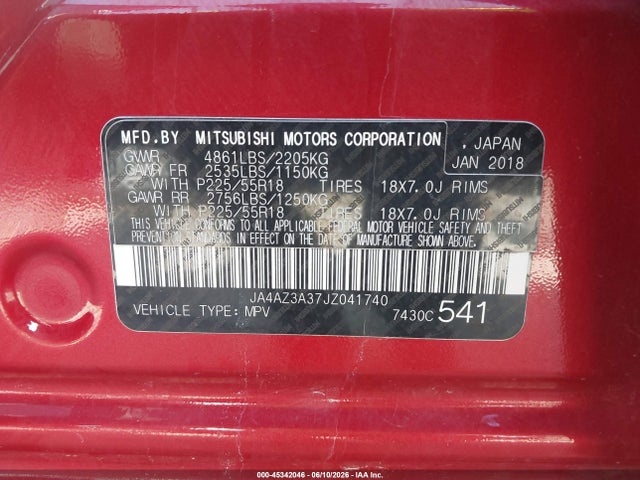 Aukcja sprzedaży 2018 Mitsubishi Outlander Se, vin: JA4AZ3A37JZ041740, numer aukcji: 45342046