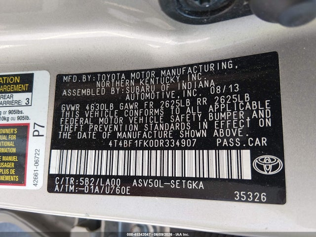 Aukcja sprzedaży 2013 Toyota Camry Xle, vin: 4T4BF1FK0DR334907, numer aukcji: 45342047