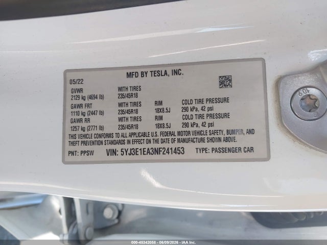 Aukcja sprzedaży 2022 Tesla Model 3 Rear-wheel Drive, vin: 5YJ3E1EA3NF241453, numer aukcji: 45342058