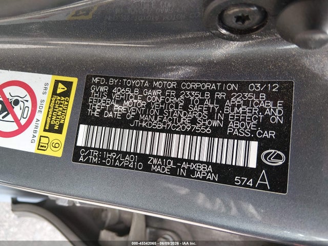 Aukcja sprzedaży 2012 Lexus Ct 200h Premium, vin: JTHKD5BH7C2097556, numer aukcji: 45342065