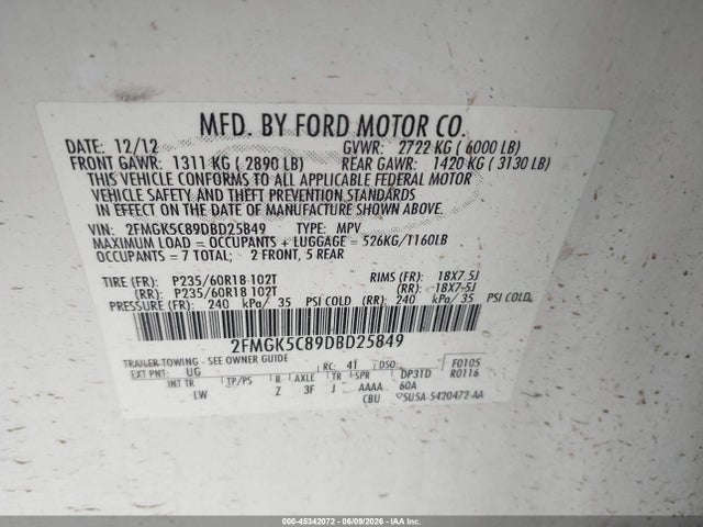 Продажа на аукционе авто 2013 Ford Flex Sel, vin: 2FMGK5C89DBD25849, номер лота: 45342072