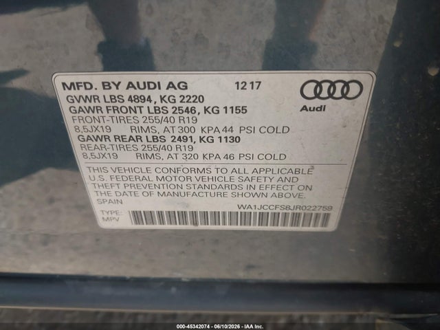 Aukcja sprzedaży 2018 Audi Q3 2.0t Premium, vin: WA1JCCFS8JR022759, numer aukcji: 45342074