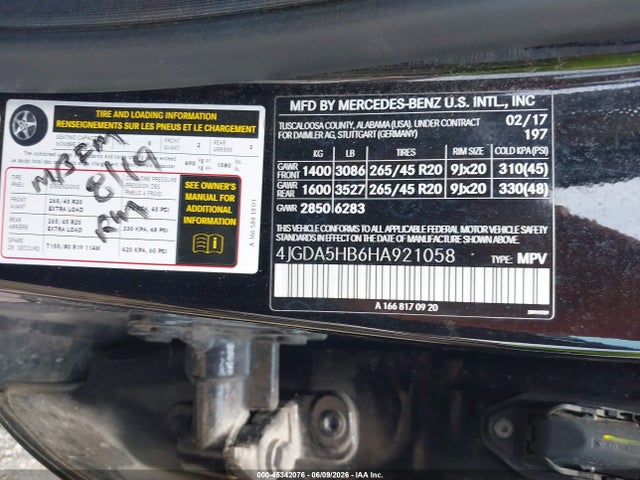 45342076 :رقم المزاد ، 4JGDA5HB6HA921058 vin ، 2017 Mercedes-benz Gle 350 4matic مزاد بيع