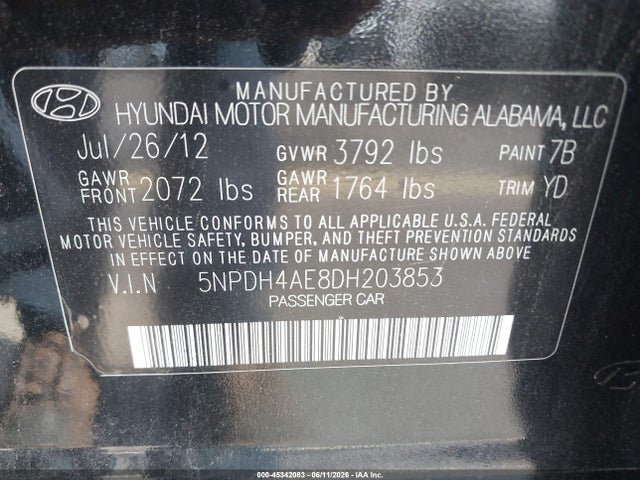 Продажа на аукционе авто 2013 Hyundai Elantra Gls, vin: 5NPDH4AE8DH203853, номер лота: 45342083