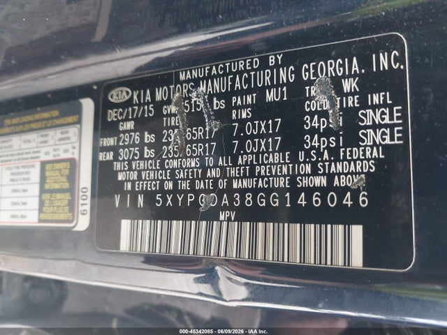 Aukcja sprzedaży 2016 Kia Sorento 2.4l Lx, vin: 5XYPGDA38GG146046, numer aukcji: 45342085