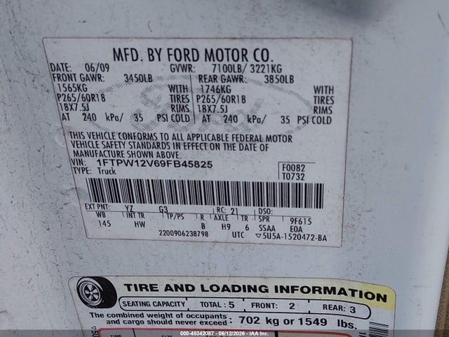Продажа на аукционе авто 2009 Ford F-150 King Ranch/lariat/platinum/xl/xlt, vin: 1FTPW12V69FB45825, номер лота: 45342087