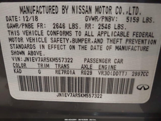 2019 Infiniti Q50 3.0t Sport მანქანა იყიდება აუქციონზე, vin: JN1EV7AR5KM557322, აუქციონის ნომერი: 45342091