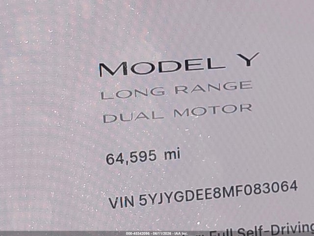 Продаж на аукціоні авто 2021 Tesla Model Y Long Range Dual Motor All-wheel Drive, vin: 5YJYGDEE8MF083064, номер лоту: 45342095