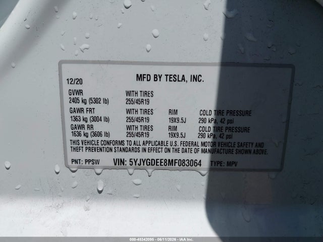 Продаж на аукціоні авто 2021 Tesla Model Y Long Range Dual Motor All-wheel Drive, vin: 5YJYGDEE8MF083064, номер лоту: 45342095