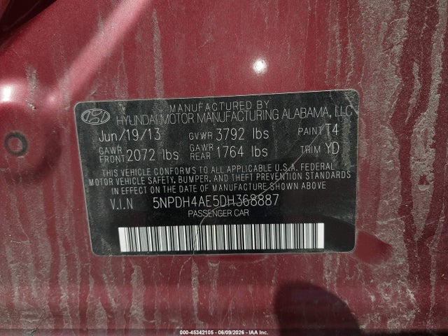2013 Hyundai Elantra Gls მანქანა იყიდება აუქციონზე, vin: 5NPDH4AE5DH368887, აუქციონის ნომერი: 45342105
