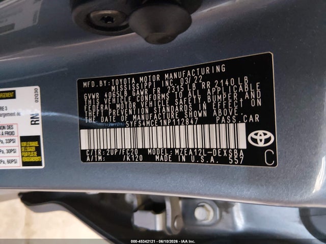 Продажа на аукционе авто 2022 Toyota Corolla Se, vin: 5YFS4MCE1NP112847, номер лота: 45342121
