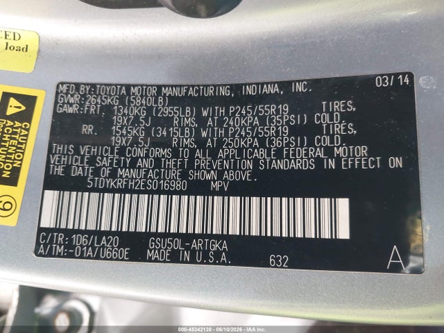 45342130 :رقم المزاد ، 5TDYKRFH2ES016980 vin ، 2014 Toyota Highlander Limited V6 مزاد بيع