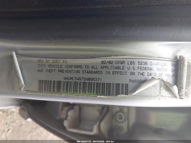 2002 Audi A6 4.2l მანქანა იყიდება აუქციონზე, vin: WAUML54B72N095371, აუქციონის ნომერი: 45342132