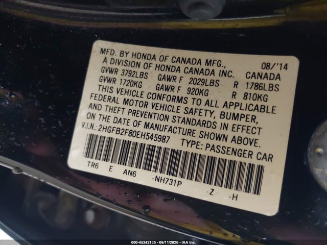 2HGFB2F80EH545987 Honda CIVIC EX