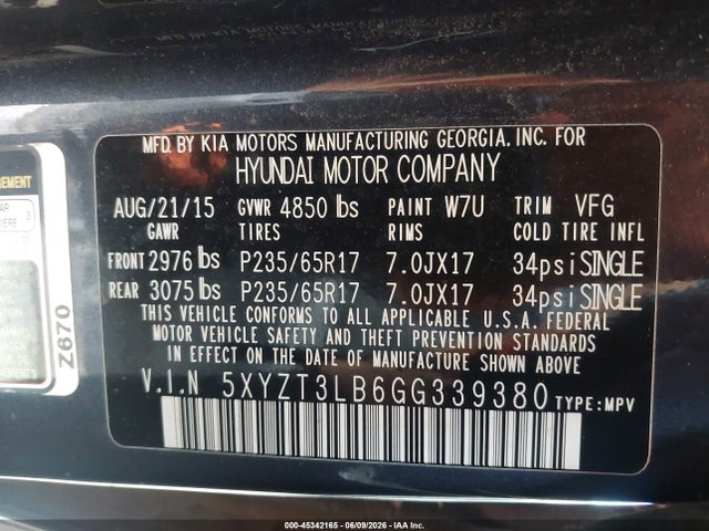 2016 Hyundai Santa Fe Sport 2.4l მანქანა იყიდება აუქციონზე, vin: 5XYZT3LB6GG339380, აუქციონის ნომერი: 45342165