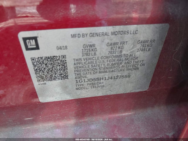 45342169 :رقم المزاد ، 1G1JD5SH1J4127559 vin ، 2018 Chevrolet Sonic Lt Auto مزاد بيع