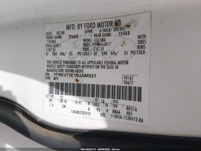 Aukcja sprzedaży 2008 Ford Explorer Xlt, vin: 1FMEU73E18UA88521, numer aukcji: 45342173