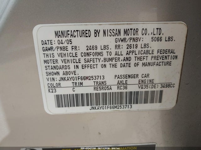 Продаж на аукціоні авто 2006 Infiniti M35x, vin: JNKAY01F66M253713, номер лоту: 45342186