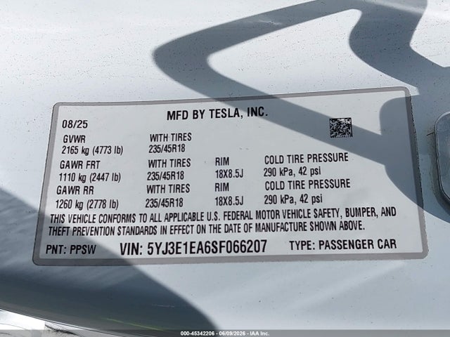 Продаж на аукціоні авто 2025 Tesla Model 3 Long Range Rear-wheel Drive/standard Rear-wheel Drive, vin: 5YJ3E1EA6SF066207, номер лоту: 45342206