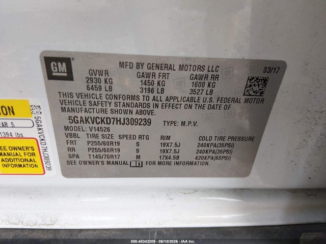 45342209 :رقم المزاد ، 5GAKVCKD7HJ309239 vin ، 2017 Buick Enclave Premium مزاد بيع