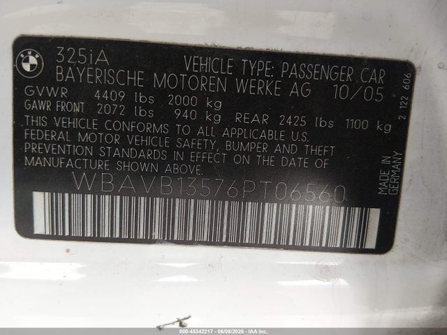Продаж на аукціоні авто 2006 Bmw 325i, vin: WBAVB13576PT06560, номер лоту: 45342217