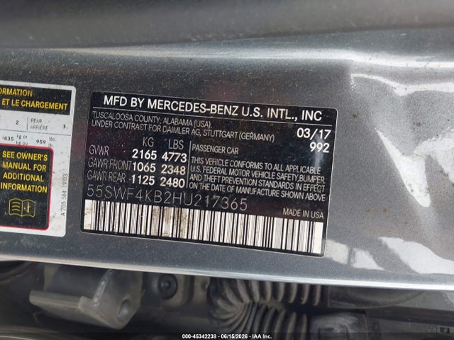 45342238 :رقم المزاد ، 55SWF4KB2HU217365 vin ، 2017 Mercedes-benz C 300 Sport 4matic مزاد بيع