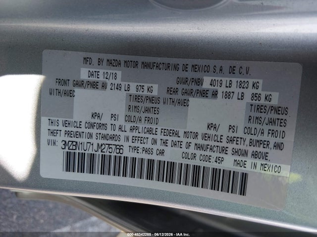 45342285 :رقم المزاد ، 3MZBN1U71JM275766 vin ، 2018 Mazda Mazda3 Sport مزاد بيع