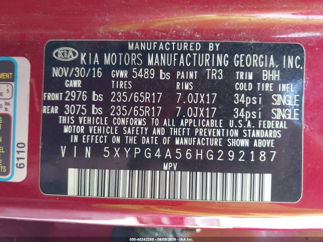 45342288 :رقم المزاد ، 5XYPG4A56HG292187 vin ، 2017 Kia Sorento 3.3l Lx مزاد بيع