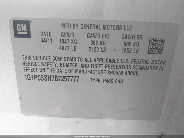 45342289 :رقم المزاد ، 1G1PC5SH7B7257777 vin ، 2011 Chevrolet Cruze Ls مزاد بيع