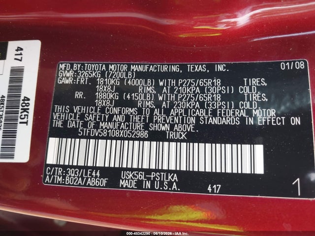 Aukcja sprzedaży 2008 Toyota Tundra Limited 5.7l V8, vin: 5TFDV58108X052986, numer aukcji: 45342290