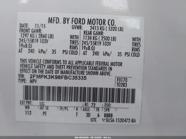 Aukcja sprzedaży 2015 Ford Edge Titanium, vin: 2FMPK3K98FBC35335, numer aukcji: 45342300