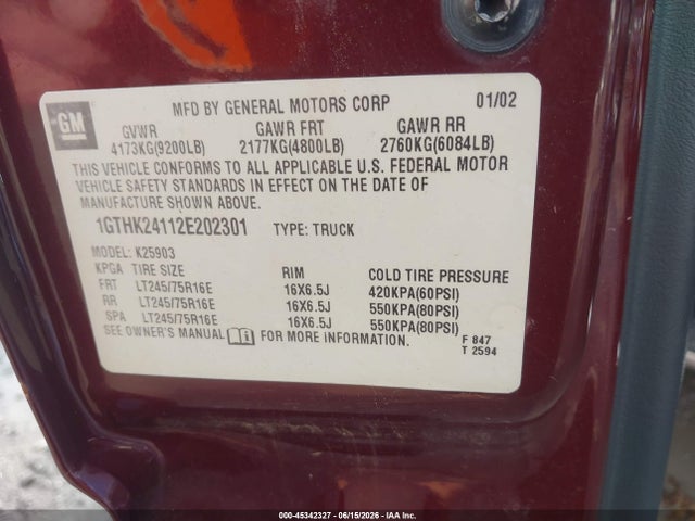Aukcja sprzedaży 2002 Gmc Sierra 2500hd Sle, vin: 1GTHK24112E202301, numer aukcji: 45342327