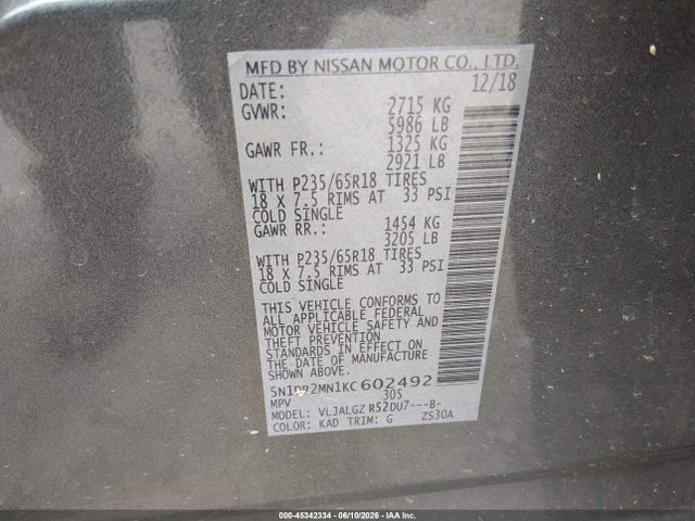 Aukcja sprzedaży 2019 Nissan Pathfinder Sl, vin: 5N1DR2MN1KC602492, numer aukcji: 45342334