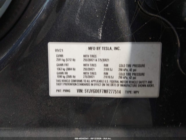 Aukcja sprzedaży 2021 Tesla Model Y Performance Dual Motor All-wheel Drive, vin: 5YJYGDEF7MF277514, numer aukcji: 45342341