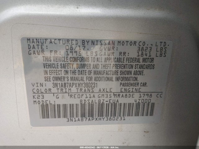 Продажа на аукционе авто 2017 Nissan Sentra S, vin: 3N1AB7APXHY380231, номер лота: 45342342