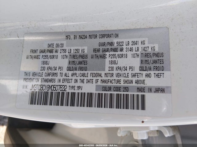 Aukcja sprzedaży 2021 Mazda Cx-9 Touring, vin: JM3TCBCY8M0507632, numer aukcji: 45342355