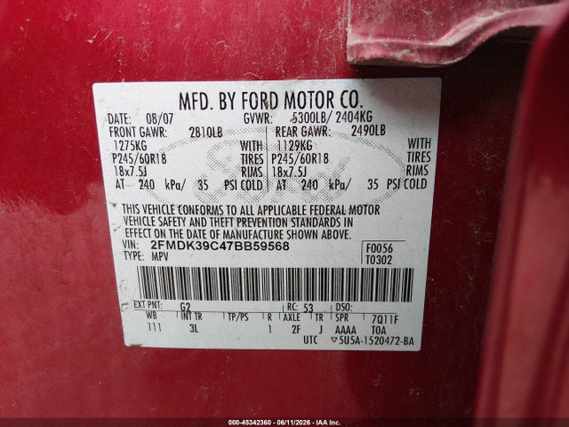 Aukcja sprzedaży 2007 Ford Edge Sel Plus, vin: 2FMDK39C47BB59568, numer aukcji: 45342360