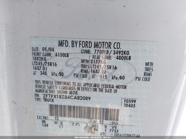 Aukcja sprzedaży 2004 Ford F-150 Heritage Xl/xlt, vin: 2FTPX18Z84CA82089, numer aukcji: 45342364