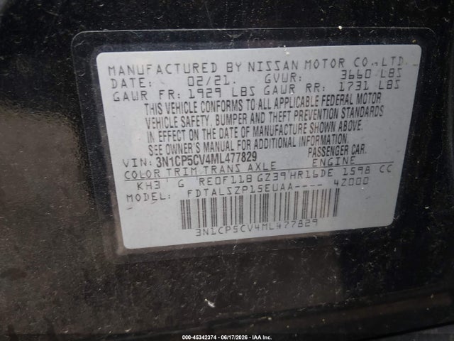 Продажа на аукционе авто 2021 Nissan Kicks Sv Xtronic Cvt, vin: 3N1CP5CV4ML477829, номер лота: 45342374
