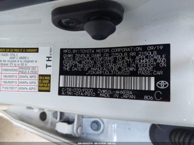 Toyota Prius Le 2020 JTDKARFU0L3106522 Image 9