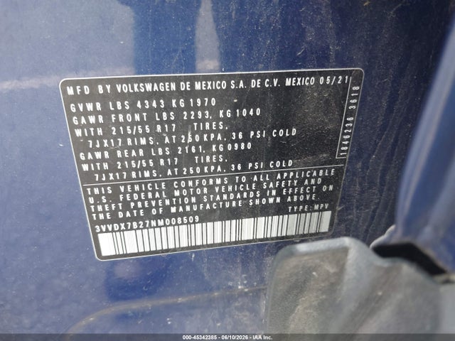 45342385 :رقم المزاد ، 3VVDX7B27NM008509 vin ، 2022 Volkswagen Taos 1.5t S مزاد بيع