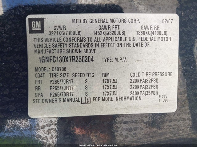 2007 Chevrolet Tahoe Lt მანქანა იყიდება აუქციონზე, vin: 1GNFC130X7R350204, აუქციონის ნომერი: 45342389