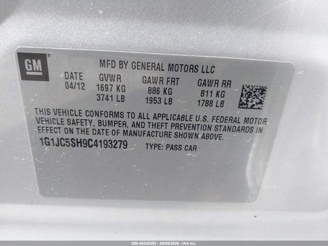 Продаж на аукціоні авто 2012 Chevrolet Sonic 2lt, vin: 1G1JC5SH9C4193279, номер лоту: 45342393