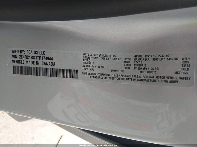 45342396 :رقم المزاد ، 2C4RC1BG1TR174944 vin ، 2026 Chrysler Pacifica Select مزاد بيع
