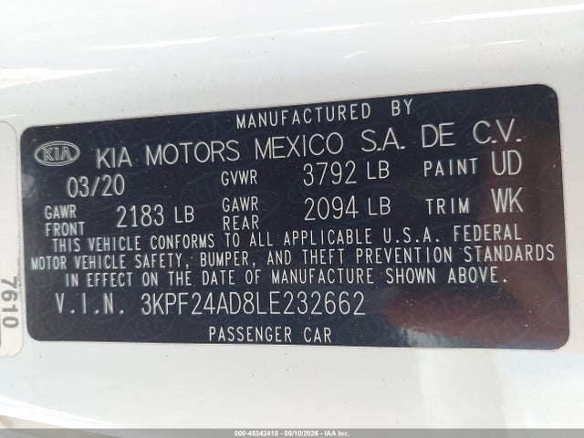 Aukcja sprzedaży 2020 Kia Forte Lxs, vin: 3KPF24AD8LE232662, numer aukcji: 45342415