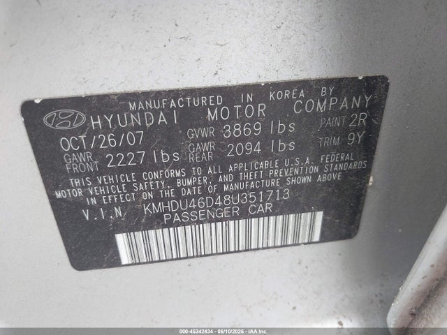 2008 Hyundai Elantra Gls/se მანქანა იყიდება აუქციონზე, vin: KMHDU46D48U351713, აუქციონის ნომერი: 45342434