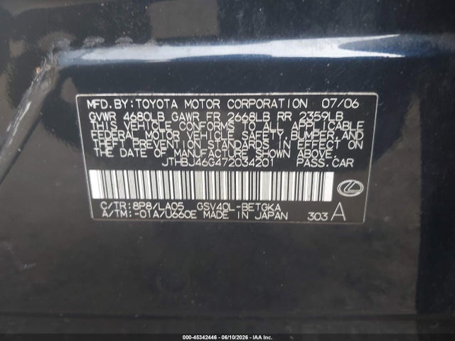 2007 Lexus Es 350 მანქანა იყიდება აუქციონზე, vin: JTHBJ46G472034201, აუქციონის ნომერი: 45342446