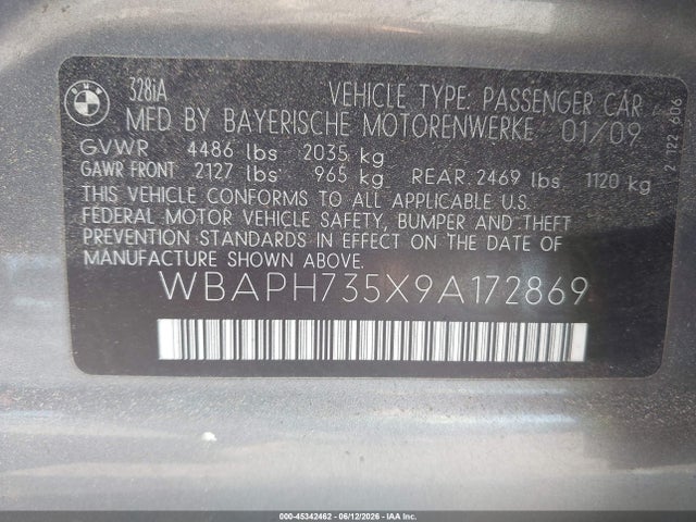 2009 Bmw 328i მანქანა იყიდება აუქციონზე, vin: WBAPH735X9A172869, აუქციონის ნომერი: 45342462